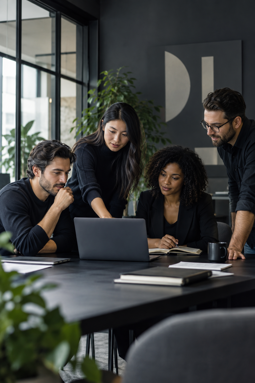 Agency professionals collaborating around a laptop