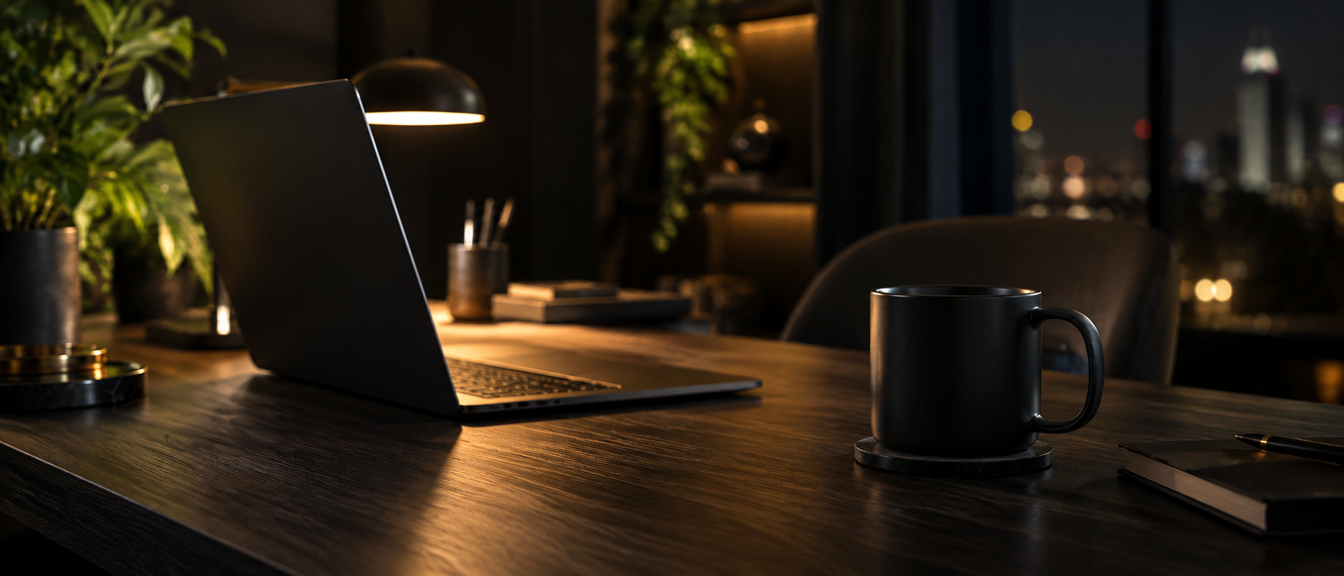 A dark, modern workspace with a laptop and coffee mug
