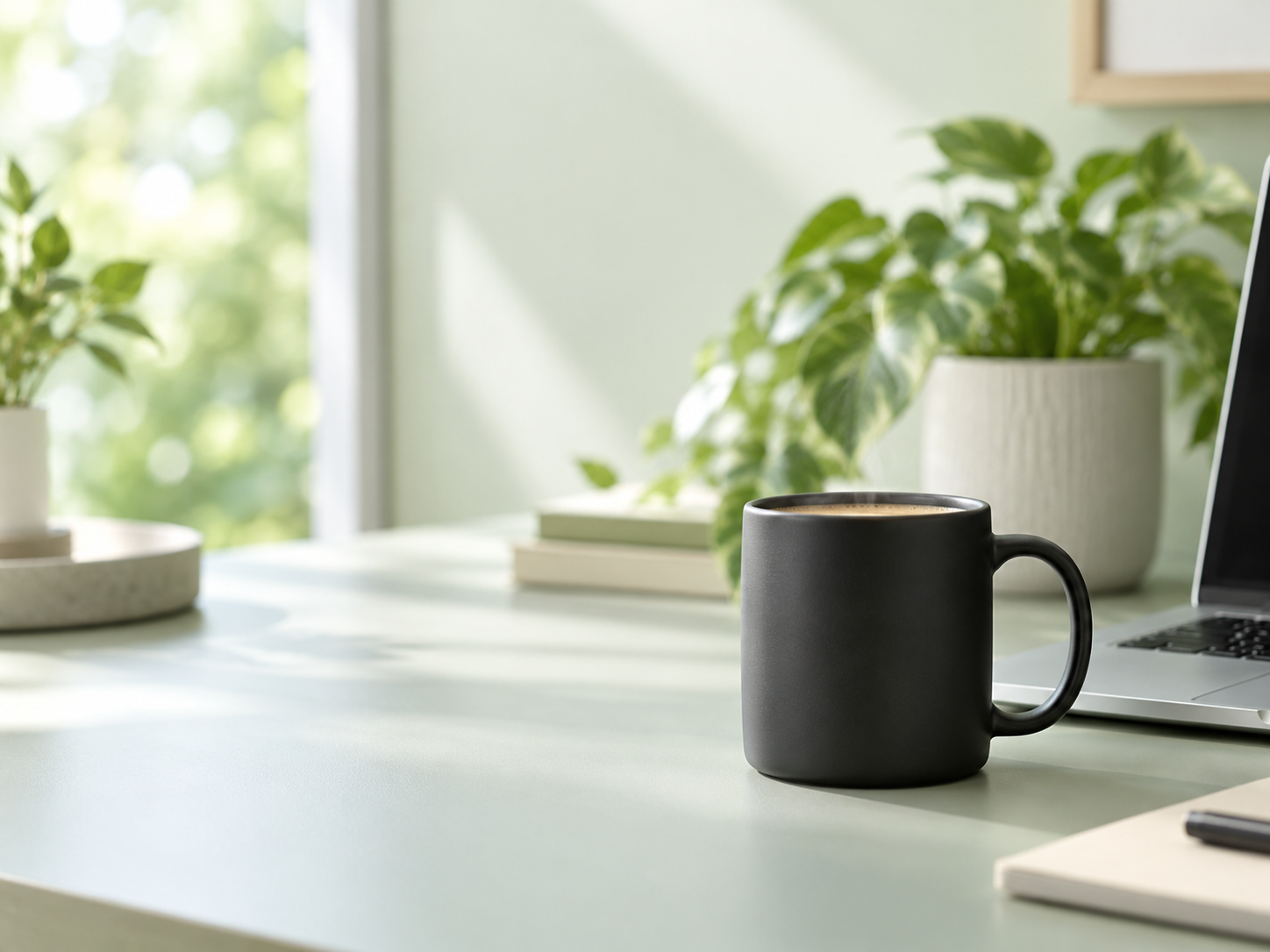 Pale green workspace with a black coffee mug and laptop